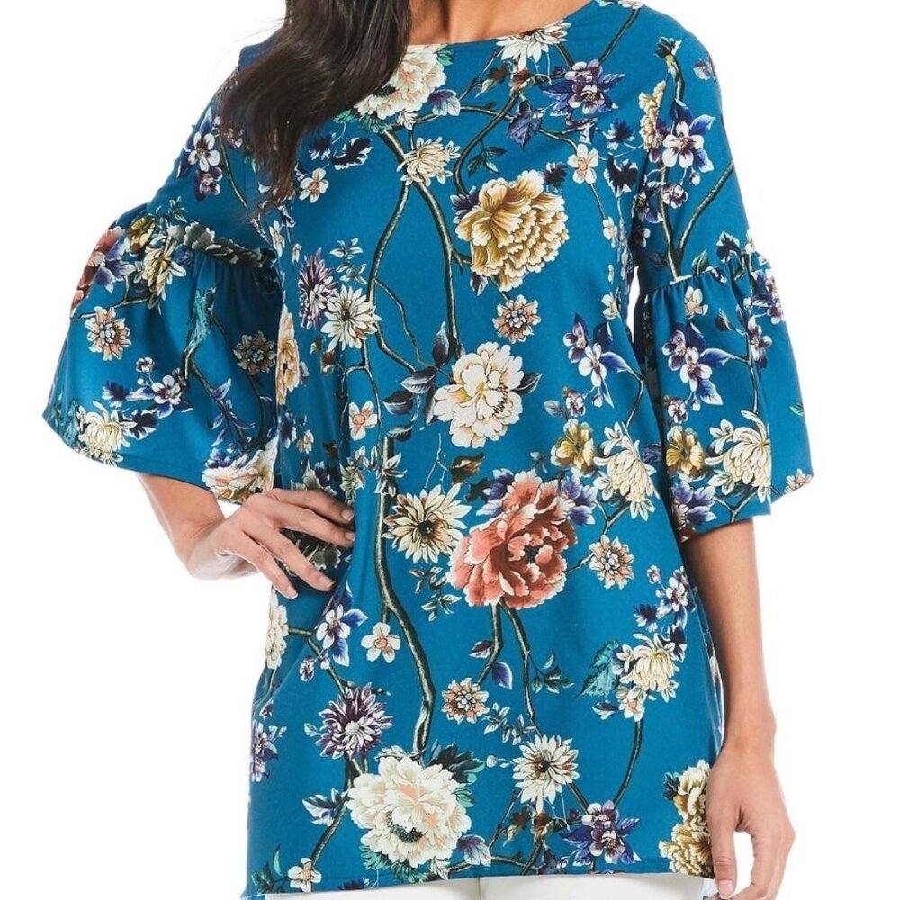 Bryn Walker Diego Tunic Size Small Floral Print Bell Sleeve Teal Blue Sz S New